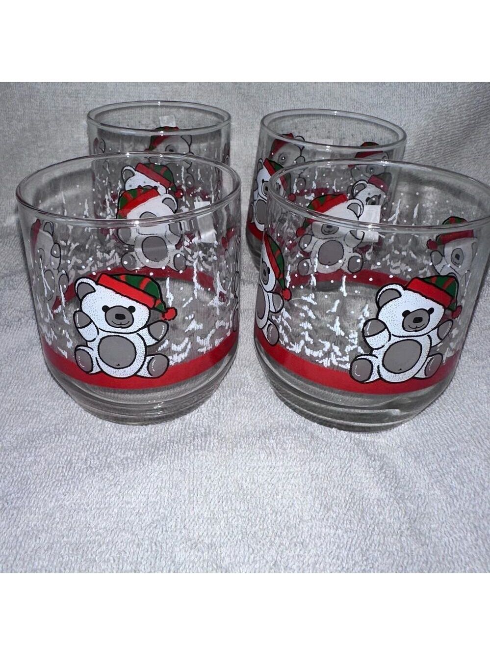 Vintage MCM Retro Libbey Christmas Teddy Bears Low Ball Drinking Glasses Set 4